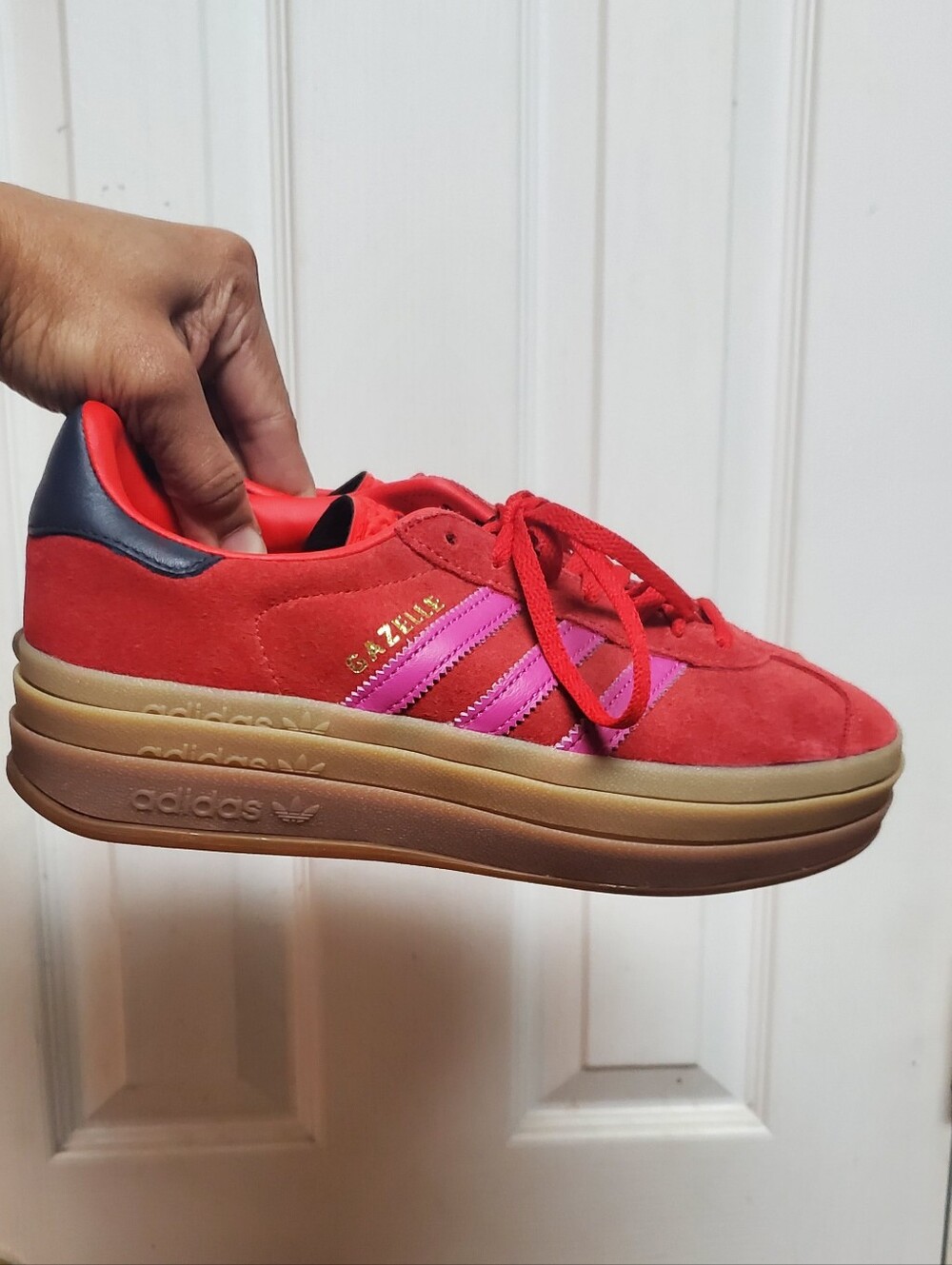 NEW Adidas Gazelle Platform Sneakers in Red Suede with Hot Pink Stripes